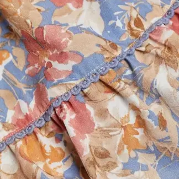 En Saison soleil blue & tan floral print cut out waist tiered midi dress sz M&L - Picture 2 of 6